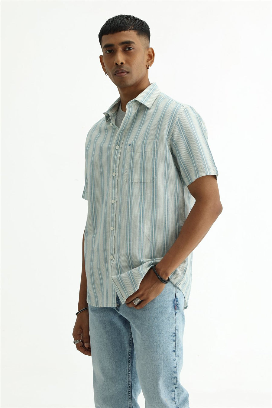 BASICS SLIM FIT KHAKI COTTON LINEN STRIPE SHIRT