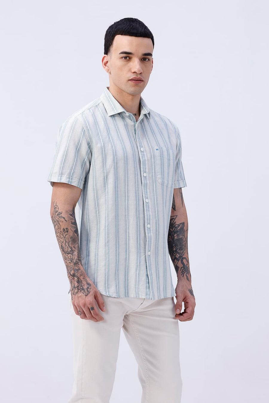 BASICS SLIM FIT KHAKI COTTON LINEN STRIPE HALFSLEEVES SHIRT