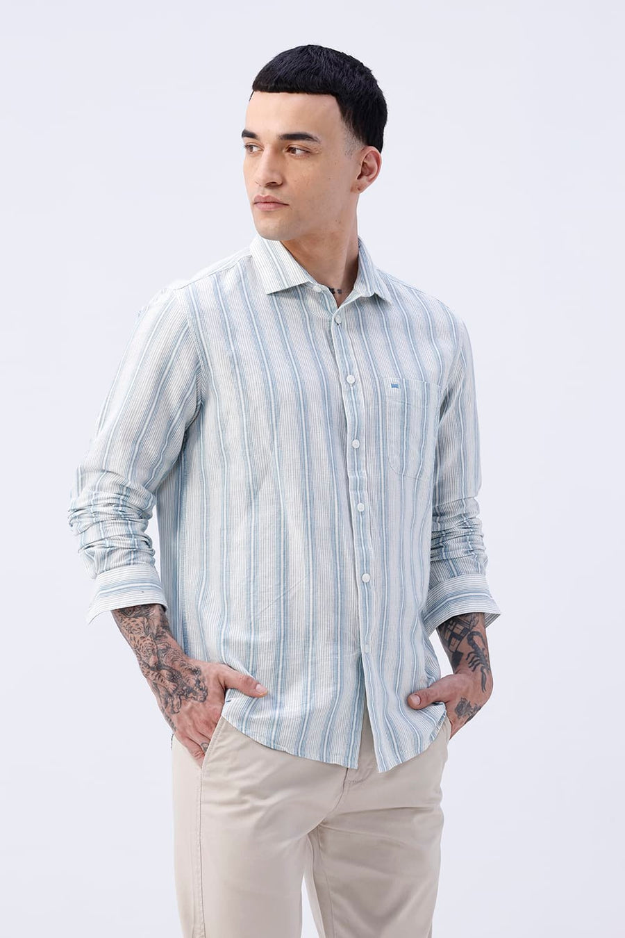 BASICS SLIM FIT KHAKI COTTON LINEN STRIPE SHIRT