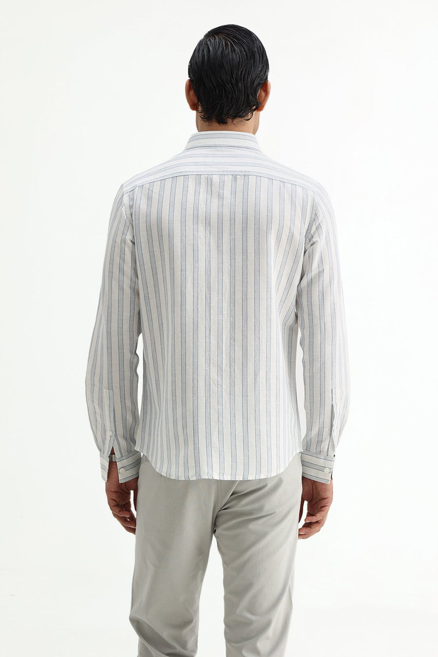 BASICS SLIM FIT LIGHT GREY COTTON LINEN STRIPE SHIRT