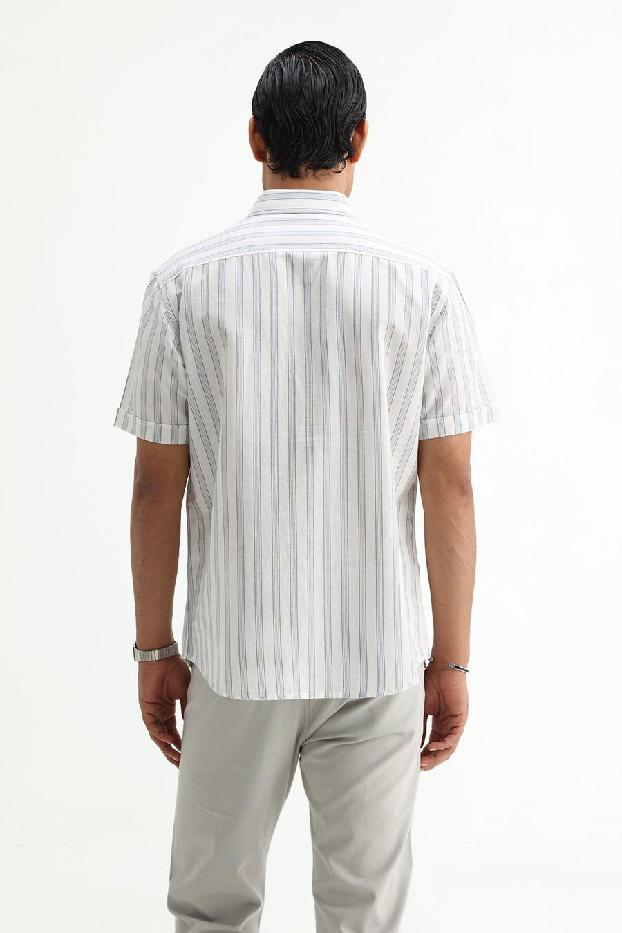 BASICS SLIM FIT LIGHT GREY COTTON LINEN STRIPE HALFSLEEVES SHIRT