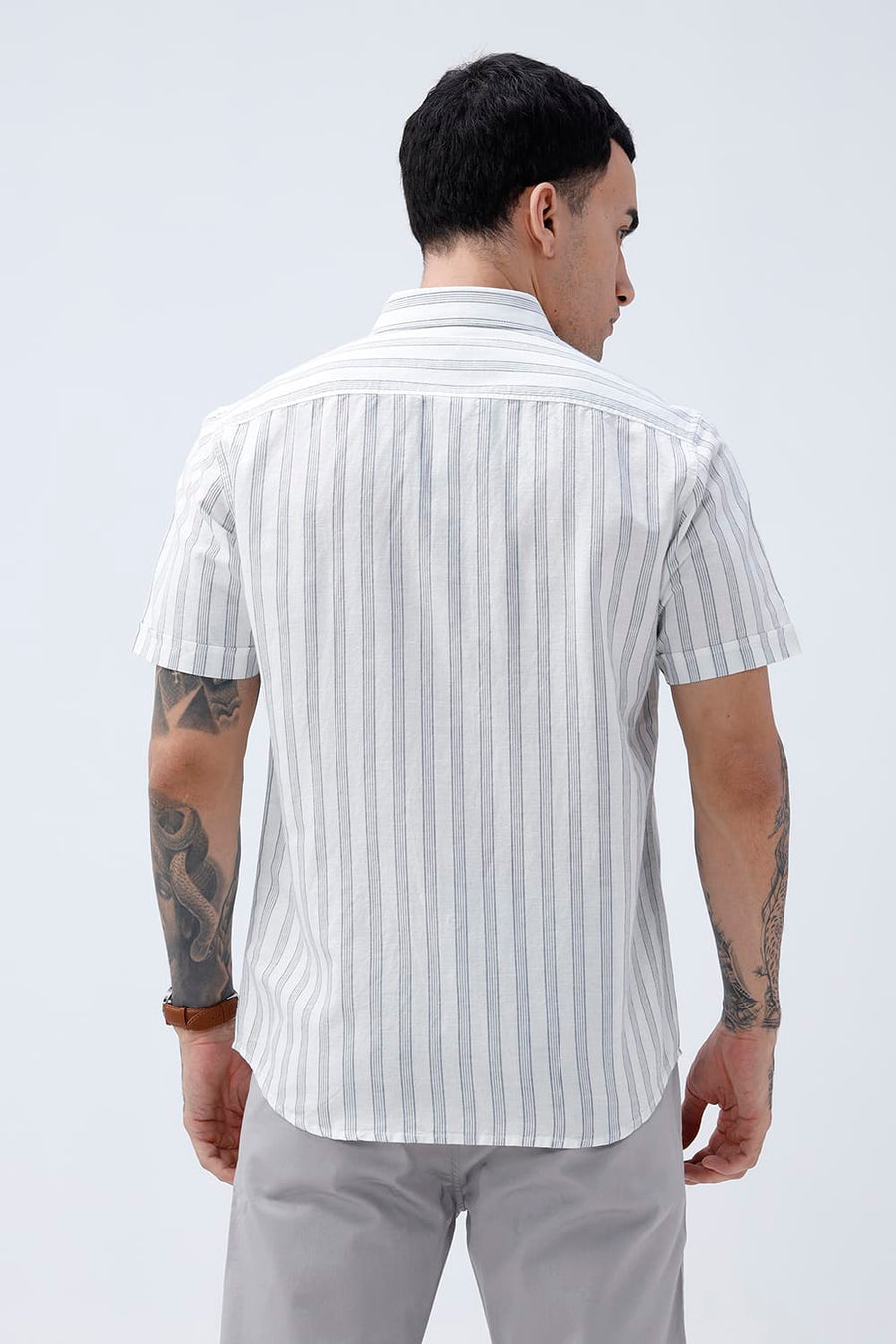 BASICS SLIM FIT LIGHT GREY COTTON LINEN STRIPE HALFSLEEVES SHIRT