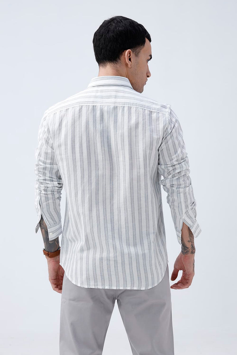 BASICS SLIM FIT LIGHT GREY COTTON LINEN STRIPE SHIRT
