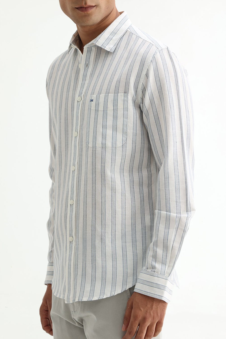 BASICS SLIM FIT LIGHT GREY COTTON LINEN STRIPE SHIRT