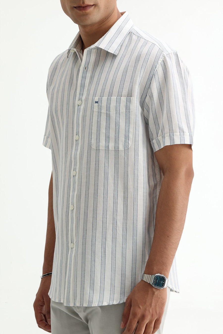 BASICS SLIM FIT LIGHT GREY COTTON LINEN STRIPE HALFSLEEVES SHIRT