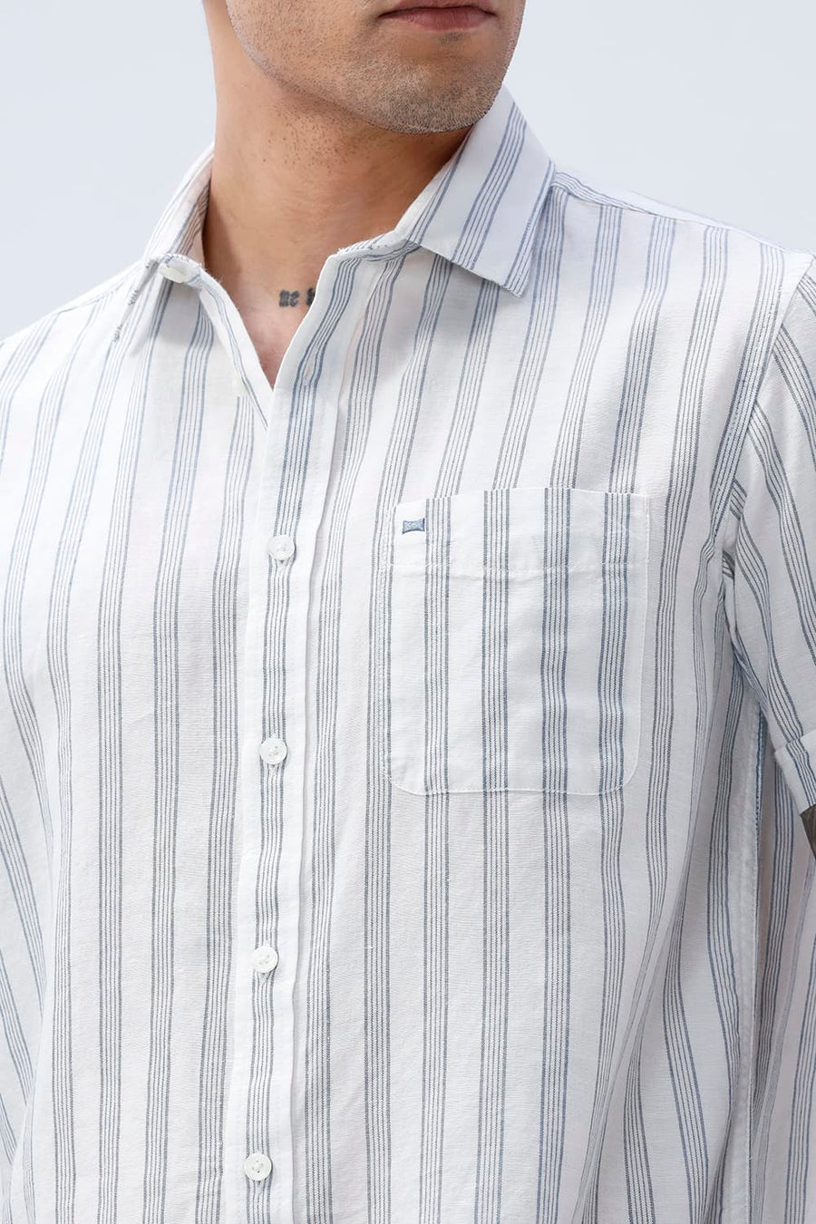BASICS SLIM FIT LIGHT GREY COTTON LINEN STRIPE HALFSLEEVES SHIRT