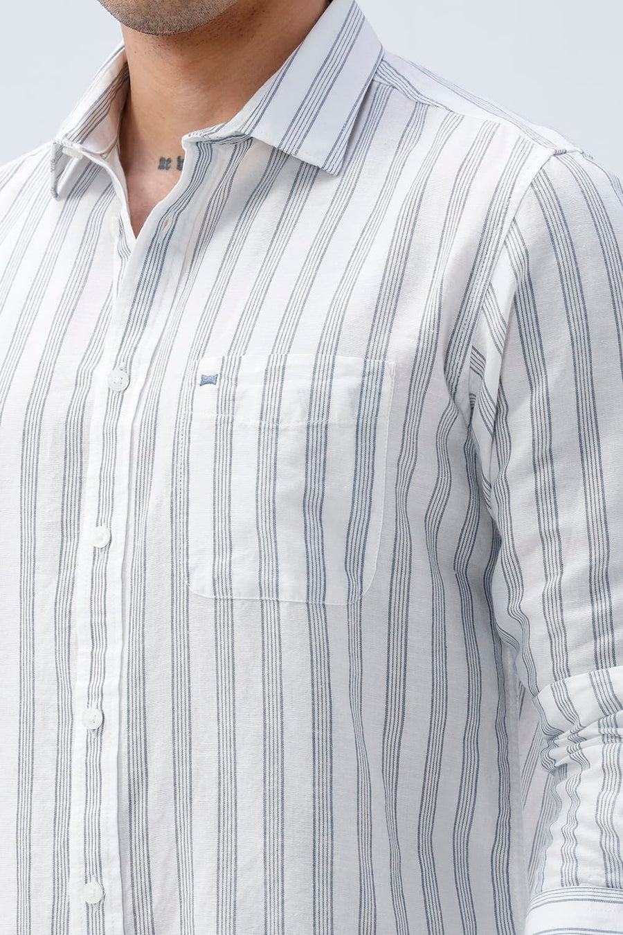BASICS SLIM FIT LIGHT GREY COTTON LINEN STRIPE SHIRT