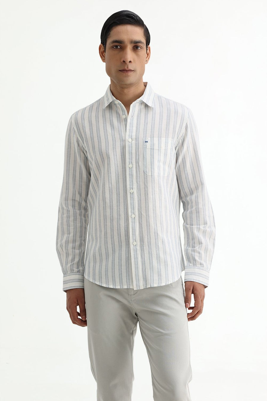 BASICS SLIM FIT LIGHT GREY COTTON LINEN STRIPE SHIRT