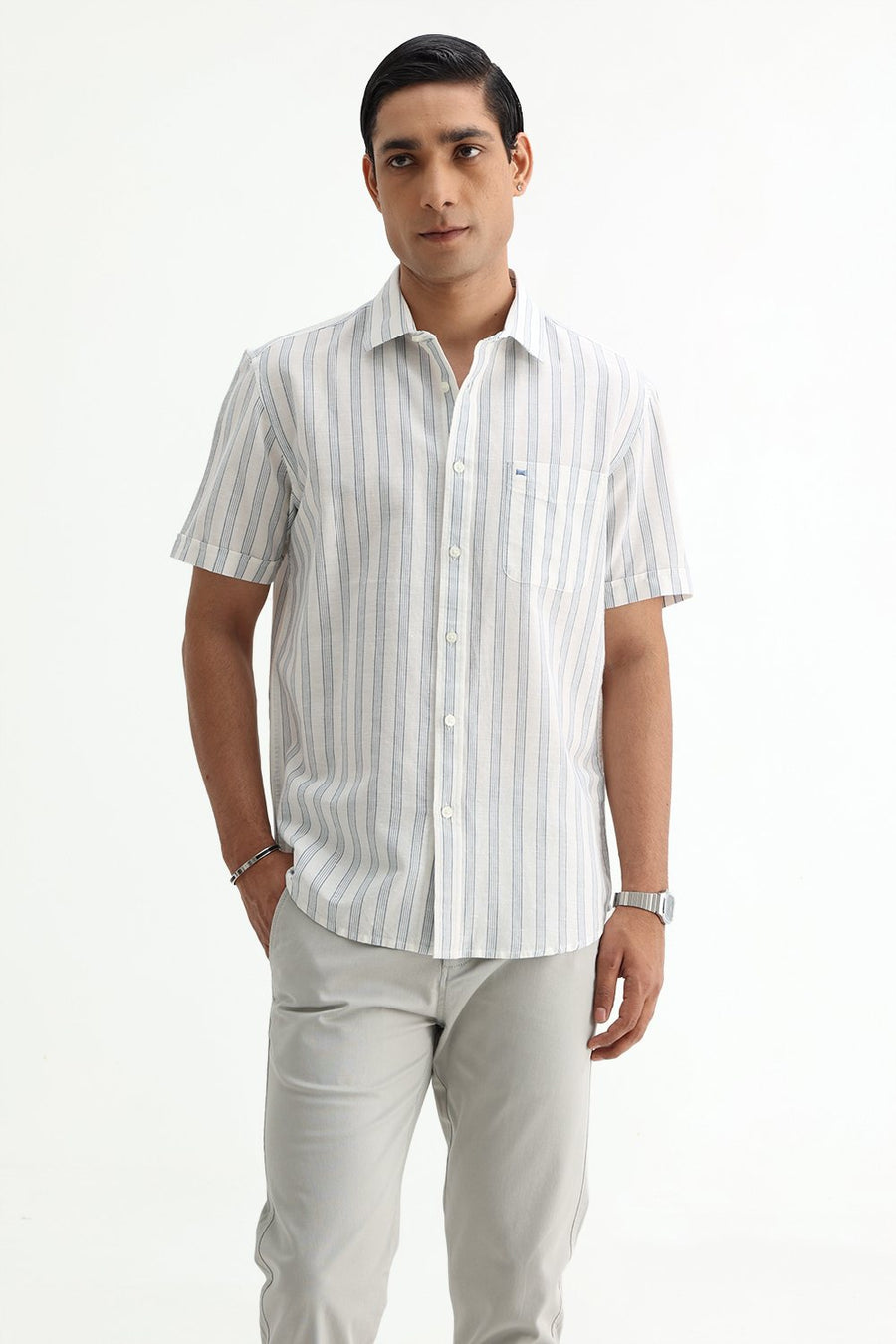 BASICS SLIM FIT LIGHT GREY COTTON LINEN STRIPE HALFSLEEVES SHIRT