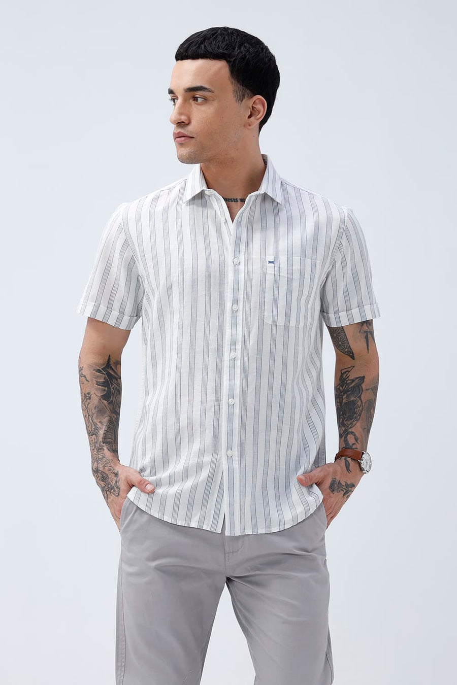 BASICS SLIM FIT LIGHT GREY COTTON LINEN STRIPE HALFSLEEVES SHIRT