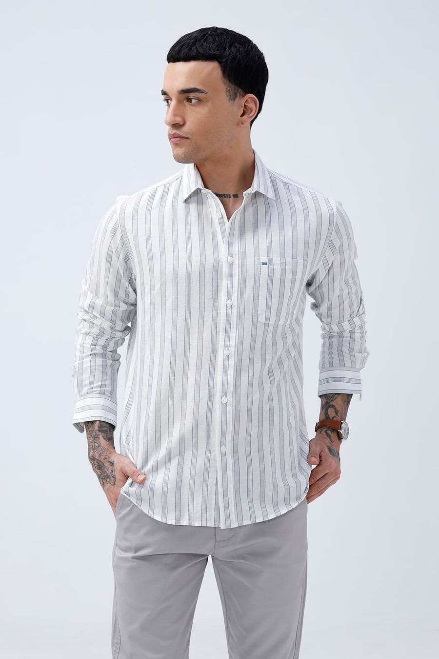 BASICS SLIM FIT LIGHT GREY COTTON LINEN STRIPE SHIRT