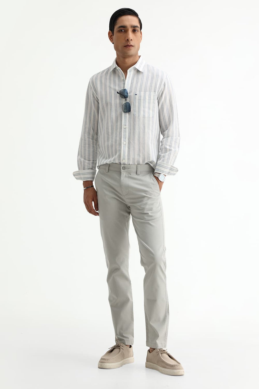 BASICS SLIM FIT LIGHT GREY COTTON LINEN STRIPE SHIRT