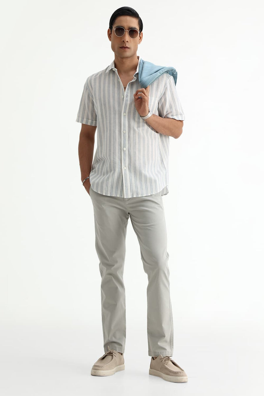 BASICS SLIM FIT LIGHT GREY COTTON LINEN STRIPE HALFSLEEVES SHIRT