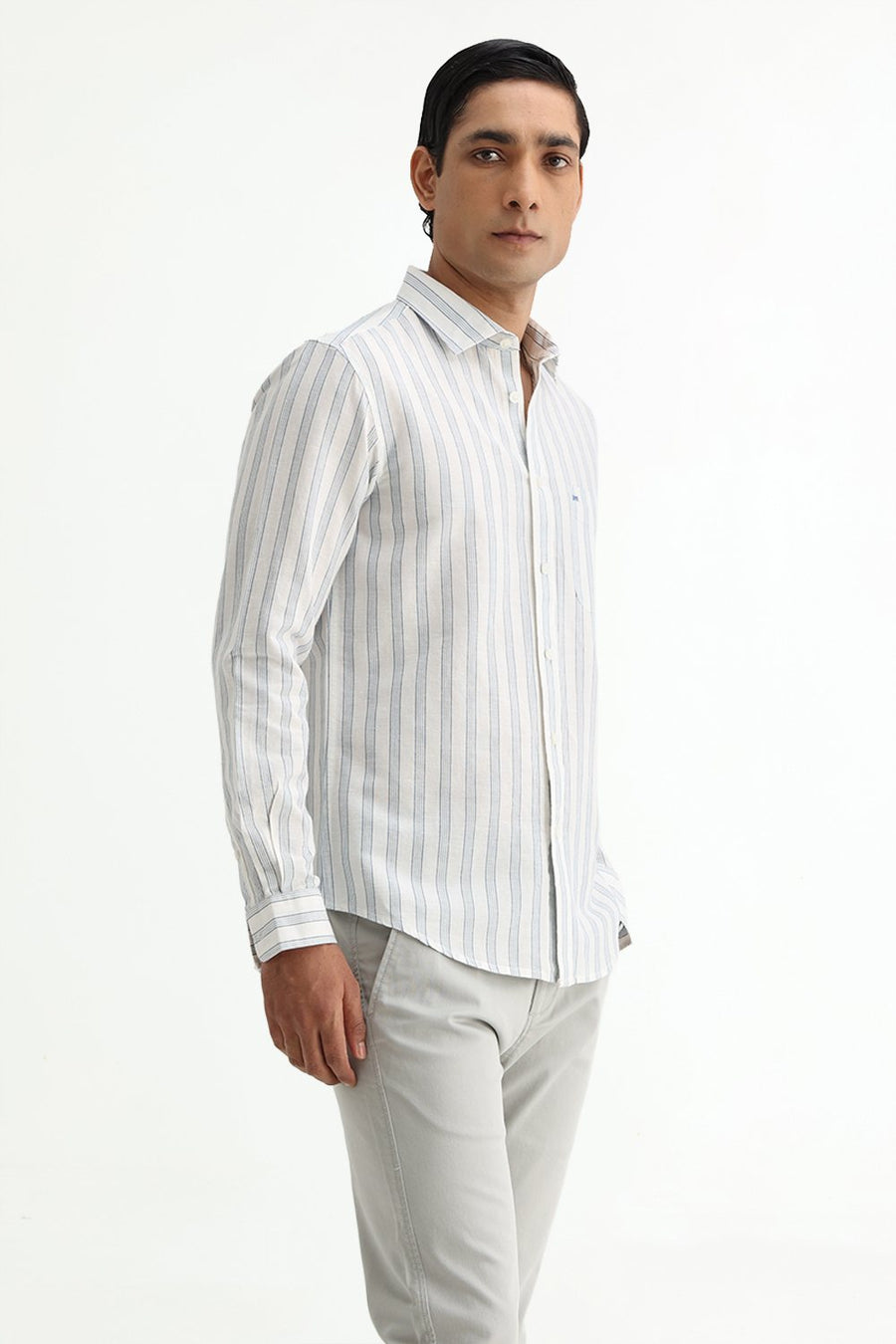 BASICS SLIM FIT LIGHT GREY COTTON LINEN STRIPE SHIRT