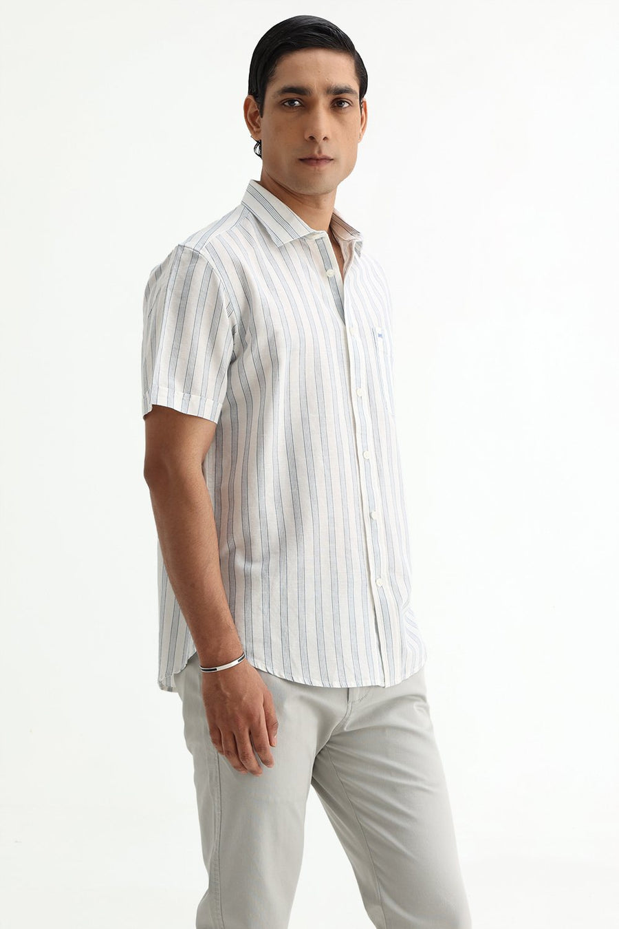 BASICS SLIM FIT LIGHT GREY COTTON LINEN STRIPE HALFSLEEVES SHIRT