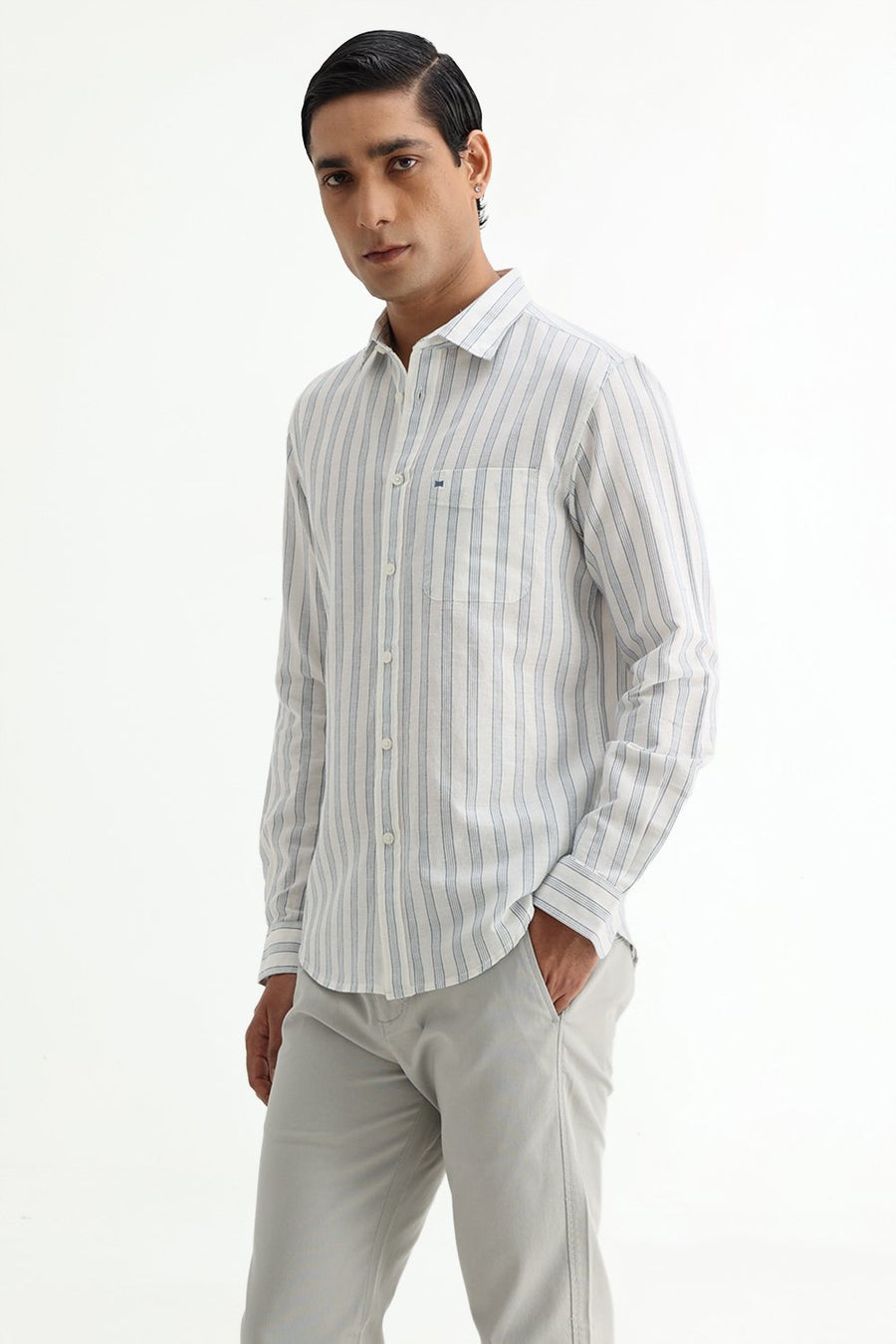 BASICS SLIM FIT LIGHT GREY COTTON LINEN STRIPE SHIRT
