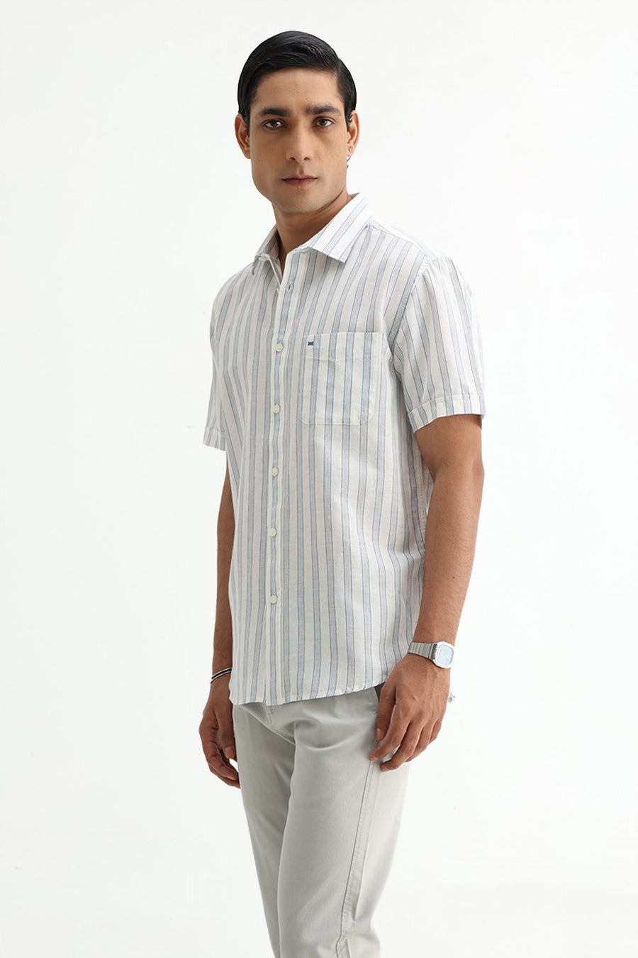 BASICS SLIM FIT LIGHT GREY COTTON LINEN STRIPE HALFSLEEVES SHIRT