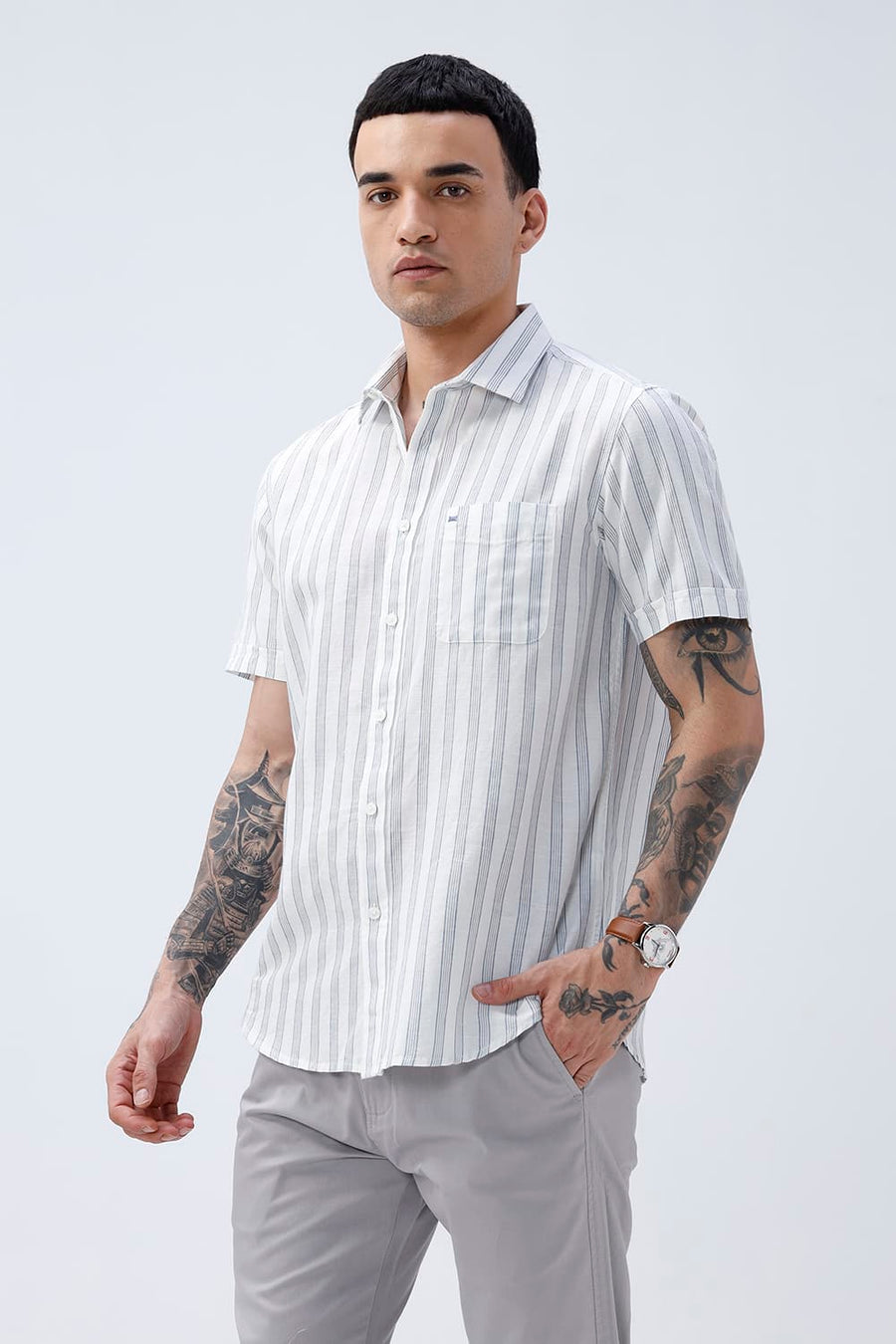 BASICS SLIM FIT LIGHT GREY COTTON LINEN STRIPE HALFSLEEVES SHIRT