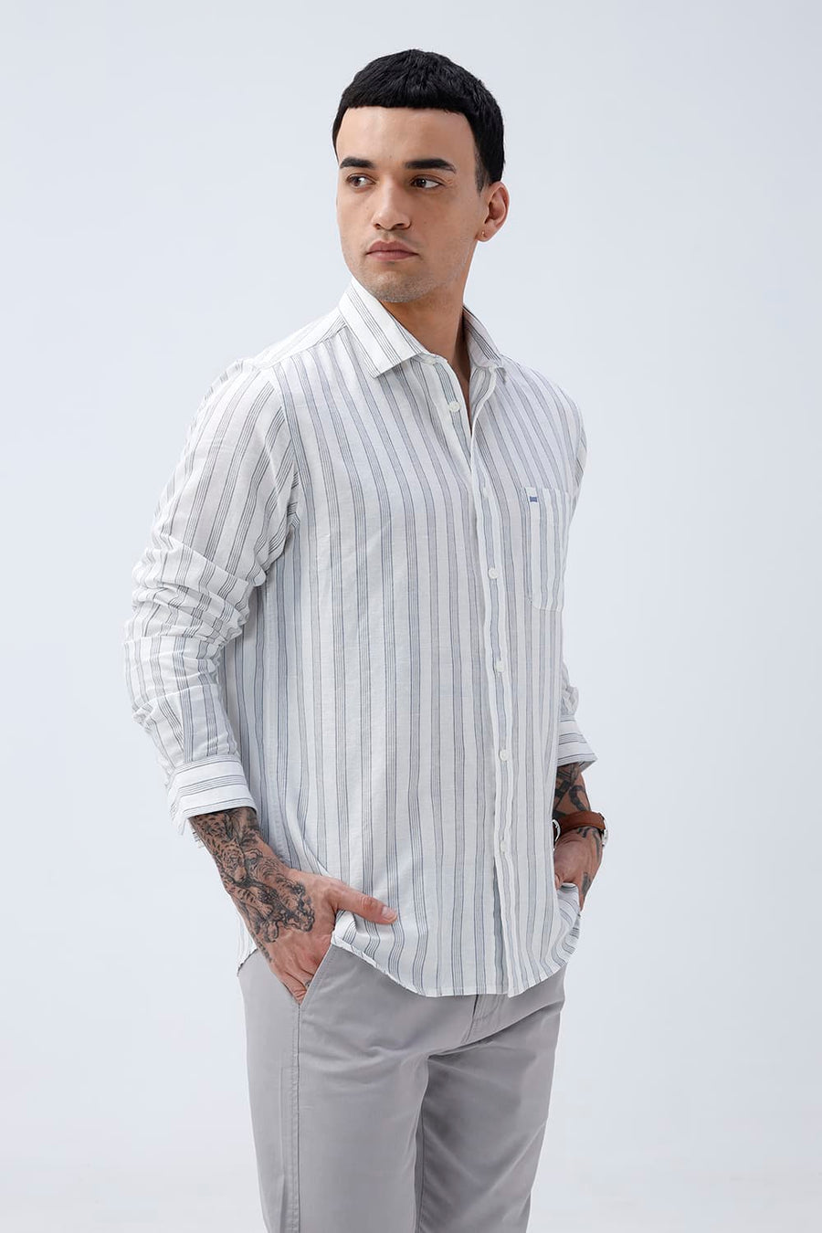 BASICS SLIM FIT LIGHT GREY COTTON LINEN STRIPE SHIRT