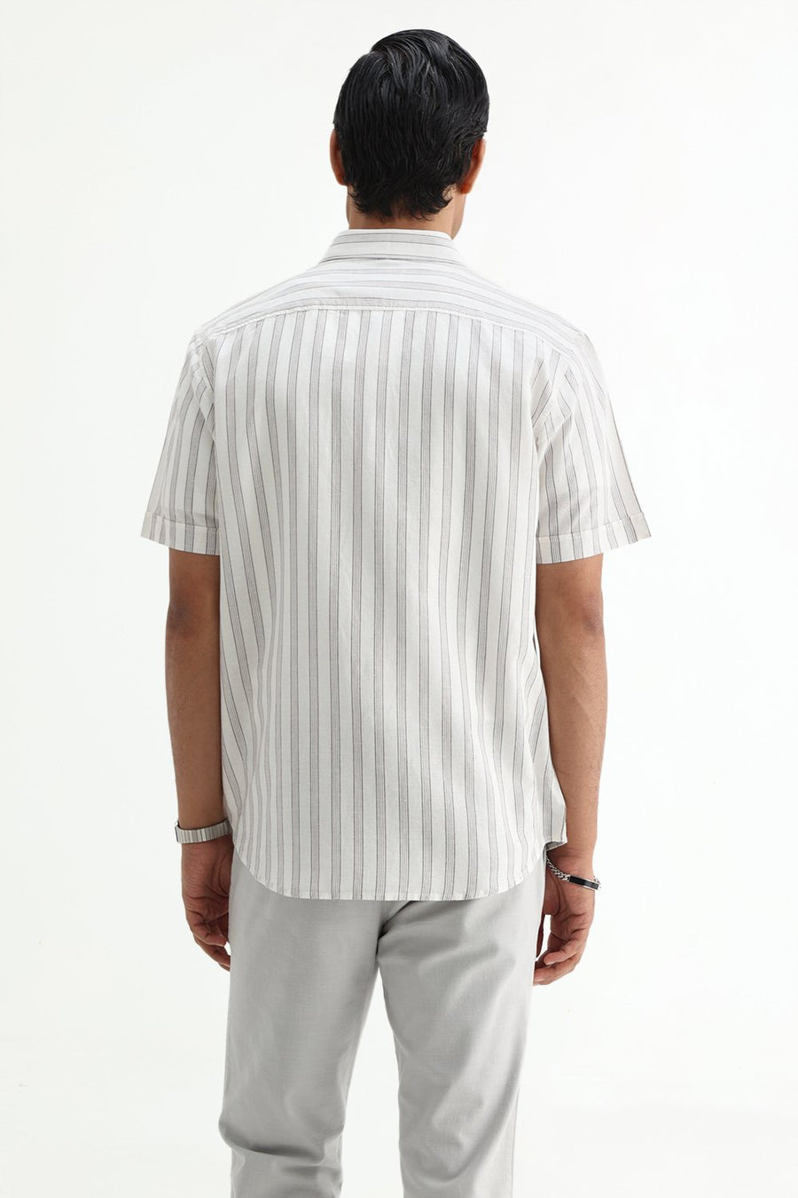 BASICS SLIM FIT KHAKI COTTON LINEN STRIPE SHIRT