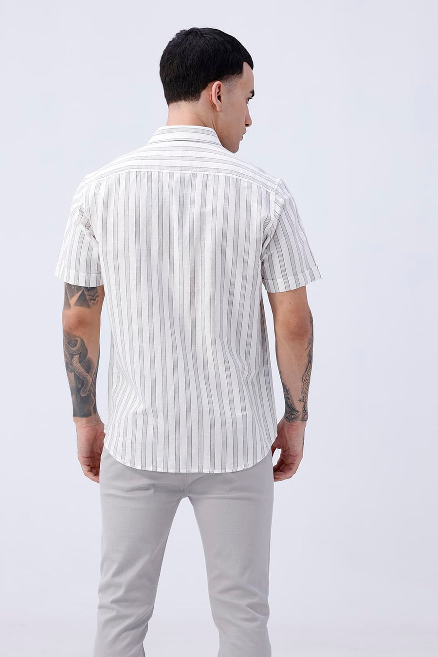 BASICS SLIM FIT KHAKI COTTON LINEN STRIPE HALFSLEEVES SHIRT