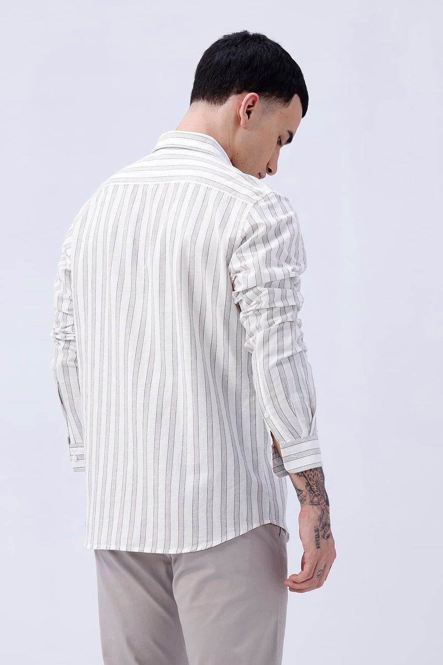 BASICS SLIM FIT KHAKI COTTON LINEN STRIPE SHIRT