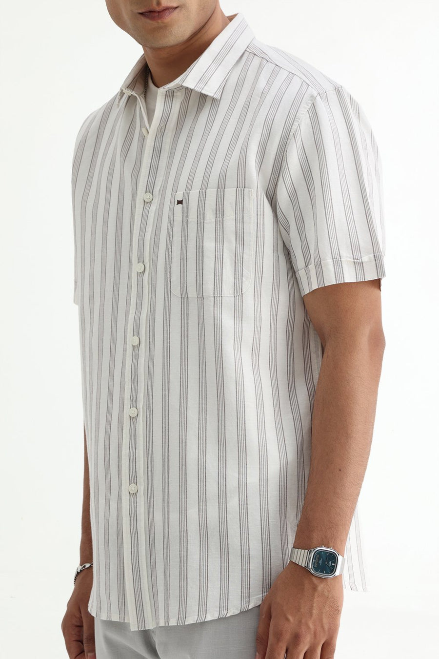 BASICS SLIM FIT KHAKI COTTON LINEN STRIPE SHIRT