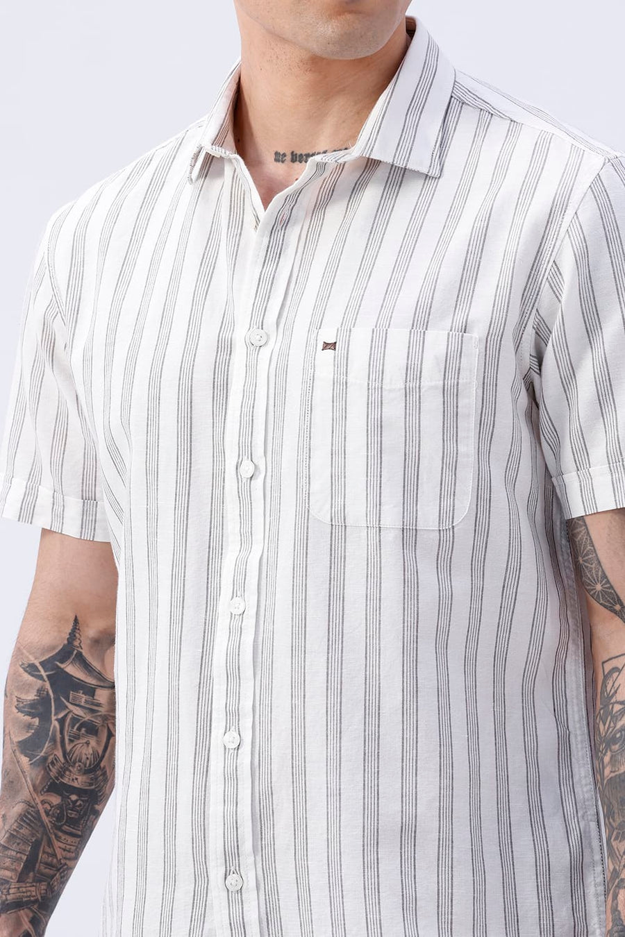 BASICS SLIM FIT KHAKI COTTON LINEN STRIPE HALFSLEEVES SHIRT