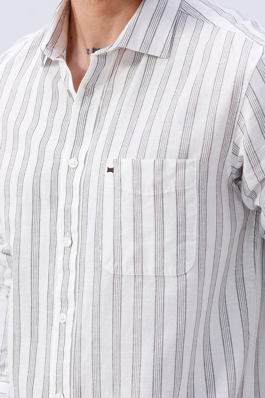 BASICS SLIM FIT KHAKI COTTON LINEN STRIPE SHIRT