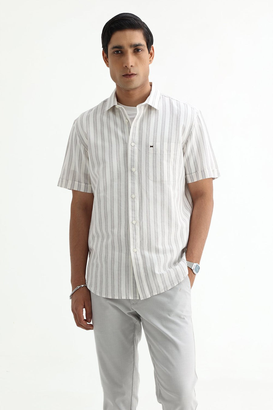 BASICS SLIM FIT KHAKI COTTON LINEN STRIPE SHIRT