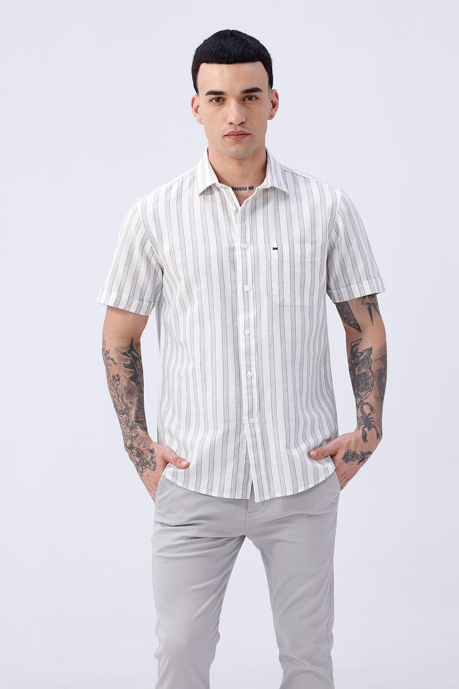 BASICS SLIM FIT KHAKI COTTON LINEN STRIPE HALFSLEEVES SHIRT