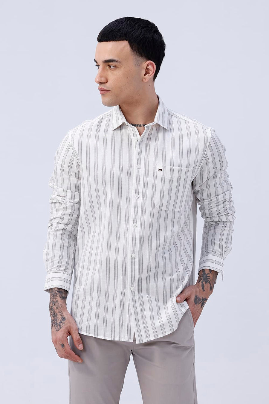 BASICS SLIM FIT KHAKI COTTON LINEN STRIPE SHIRT