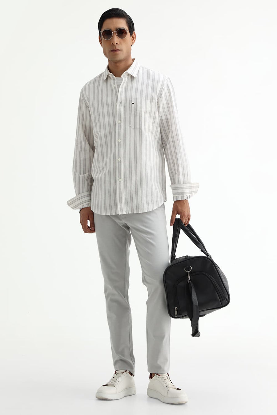 BASICS SLIM FIT KHAKI COTTON LINEN STRIPE SHIRT