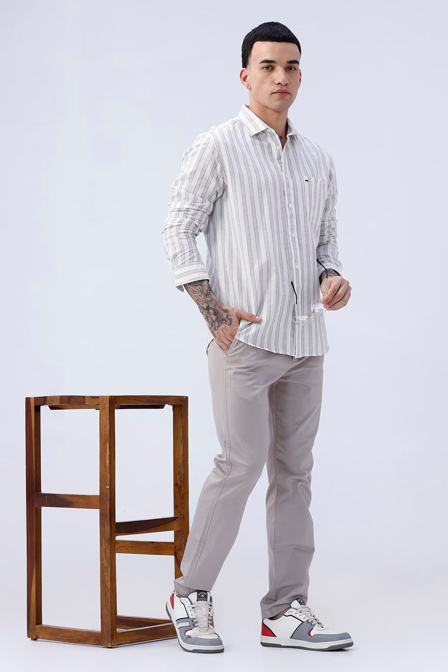BASICS SLIM FIT KHAKI COTTON LINEN STRIPE SHIRT