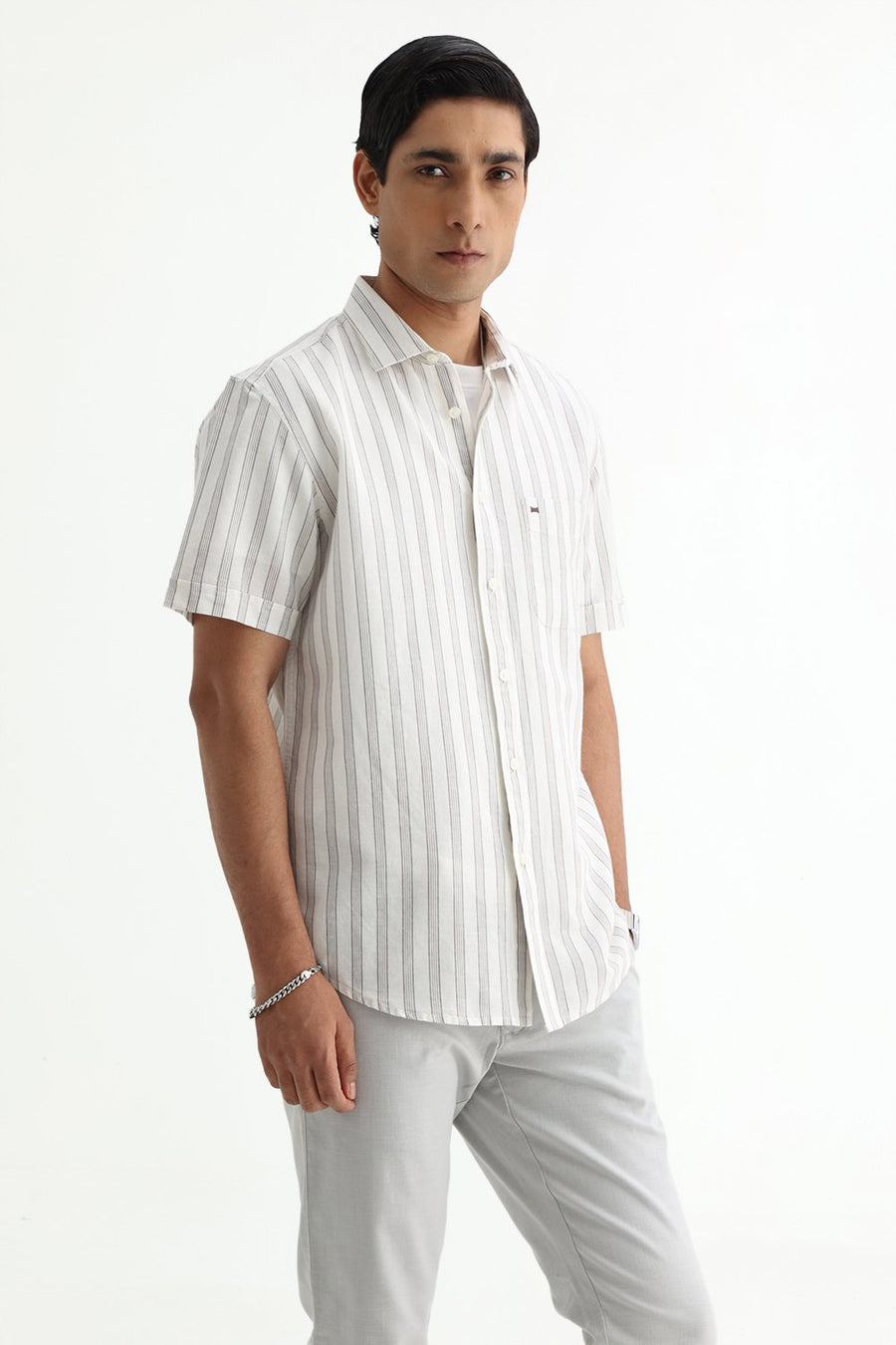 BASICS SLIM FIT KHAKI COTTON LINEN STRIPE SHIRT