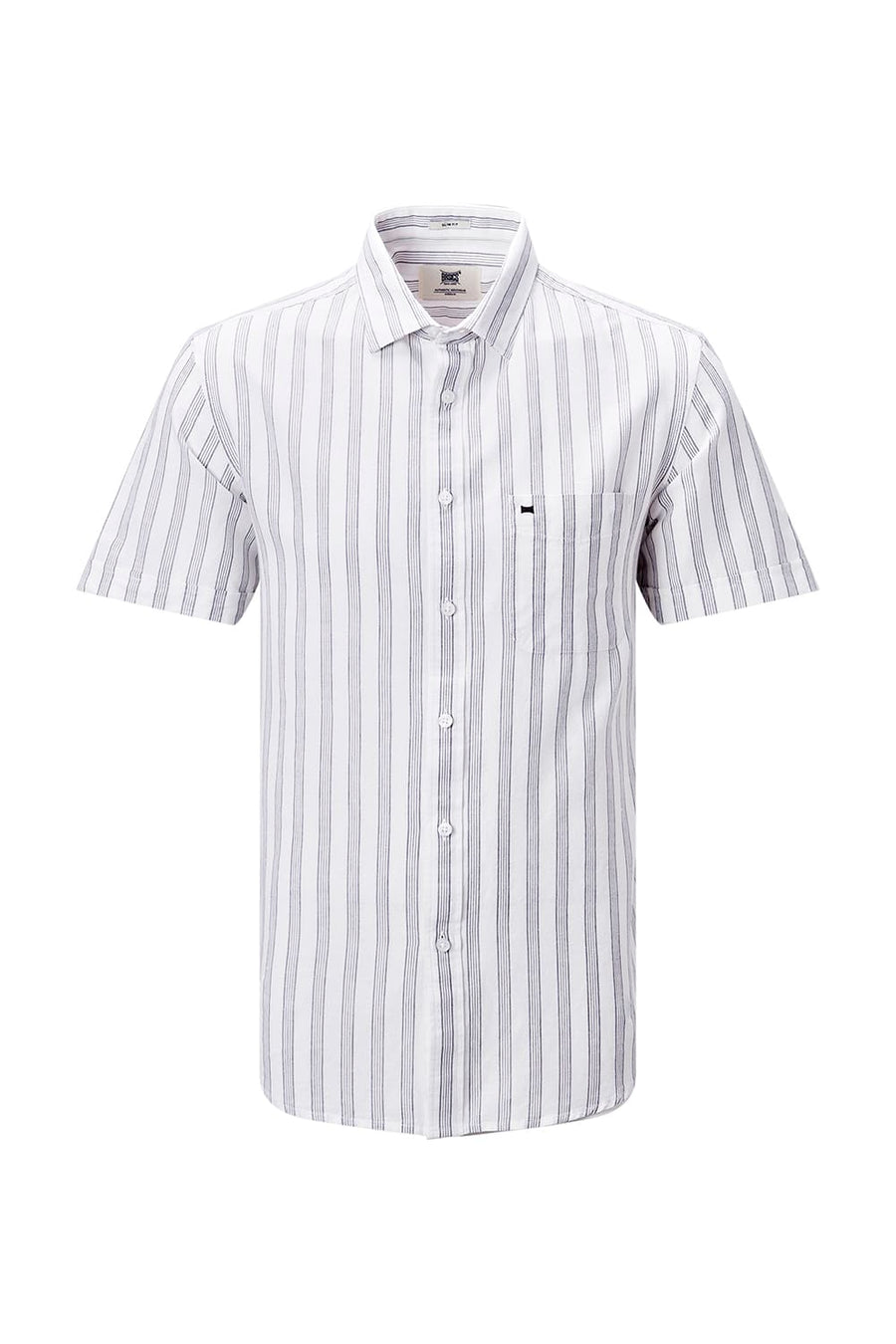 BASICS SLIM FIT KHAKI COTTON LINEN STRIPE HALFSLEEVES SHIRT