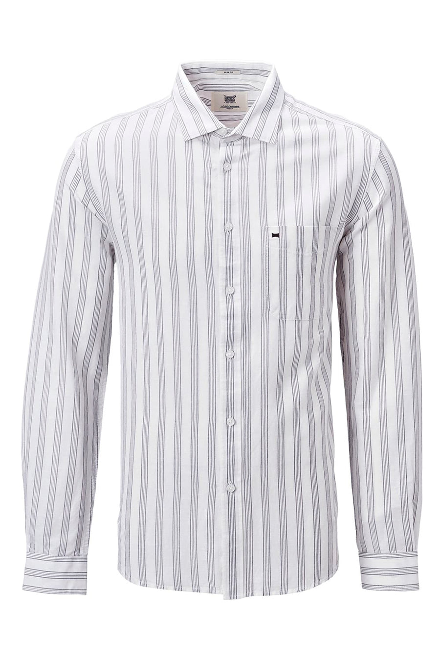 BASICS SLIM FIT KHAKI COTTON LINEN STRIPE SHIRT