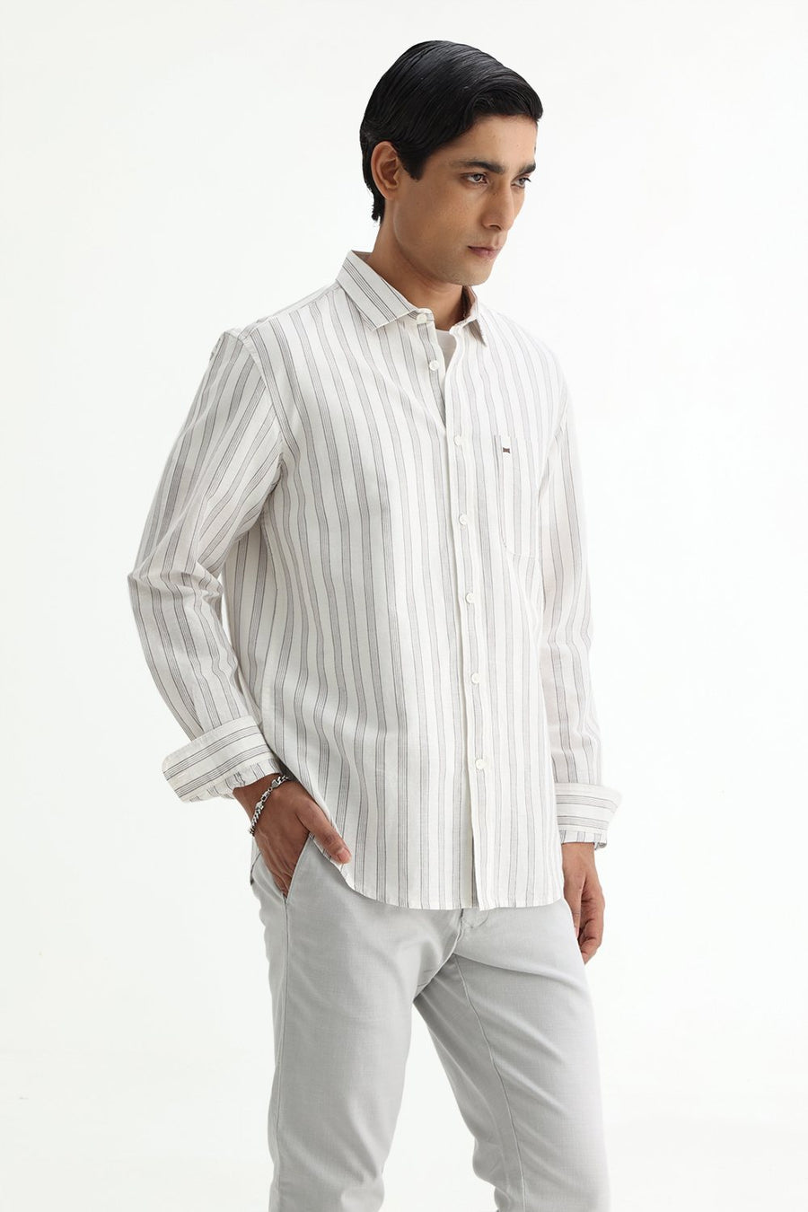 BASICS SLIM FIT KHAKI COTTON LINEN STRIPE SHIRT