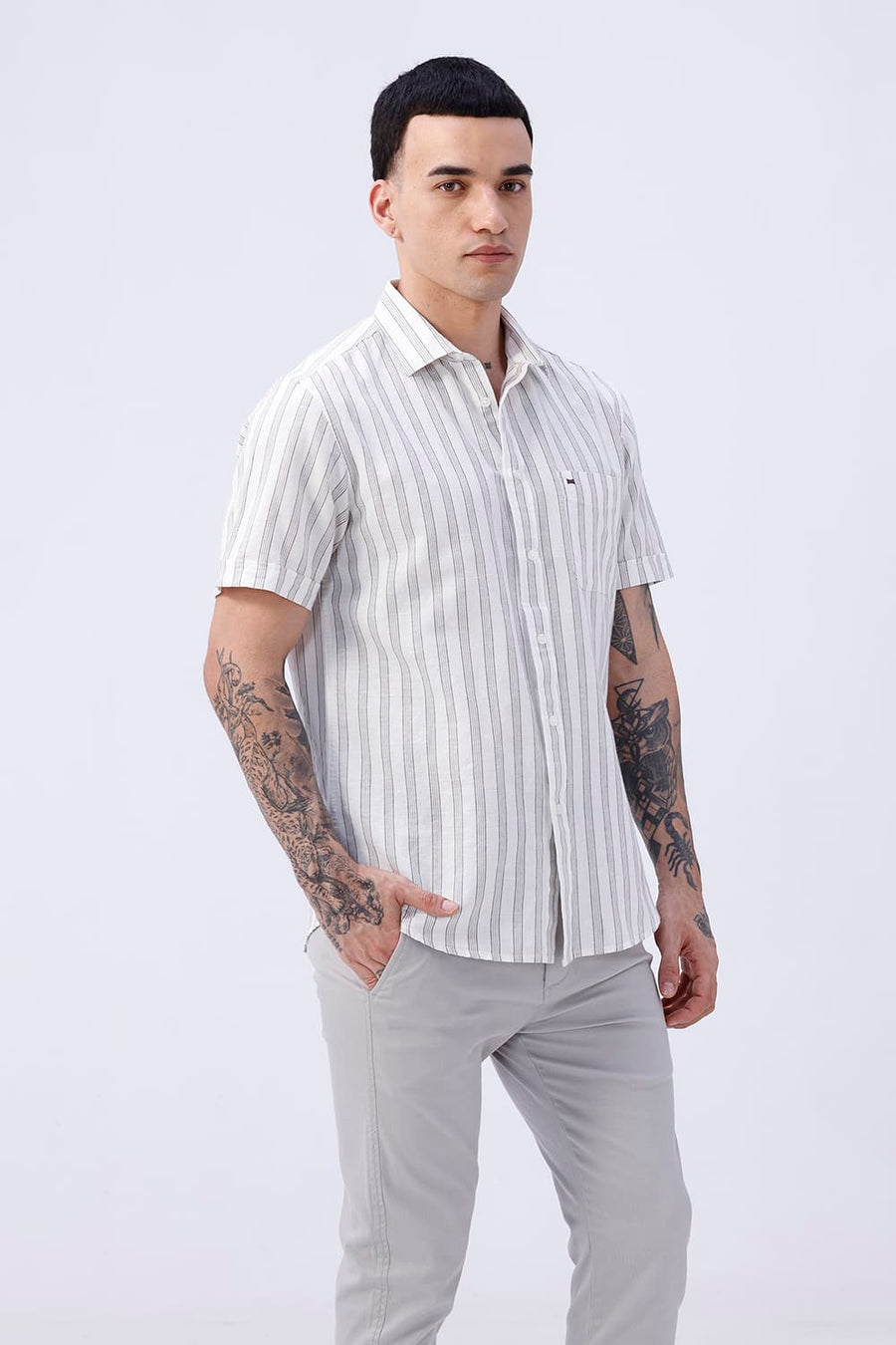 BASICS SLIM FIT KHAKI COTTON LINEN STRIPE HALFSLEEVES SHIRT