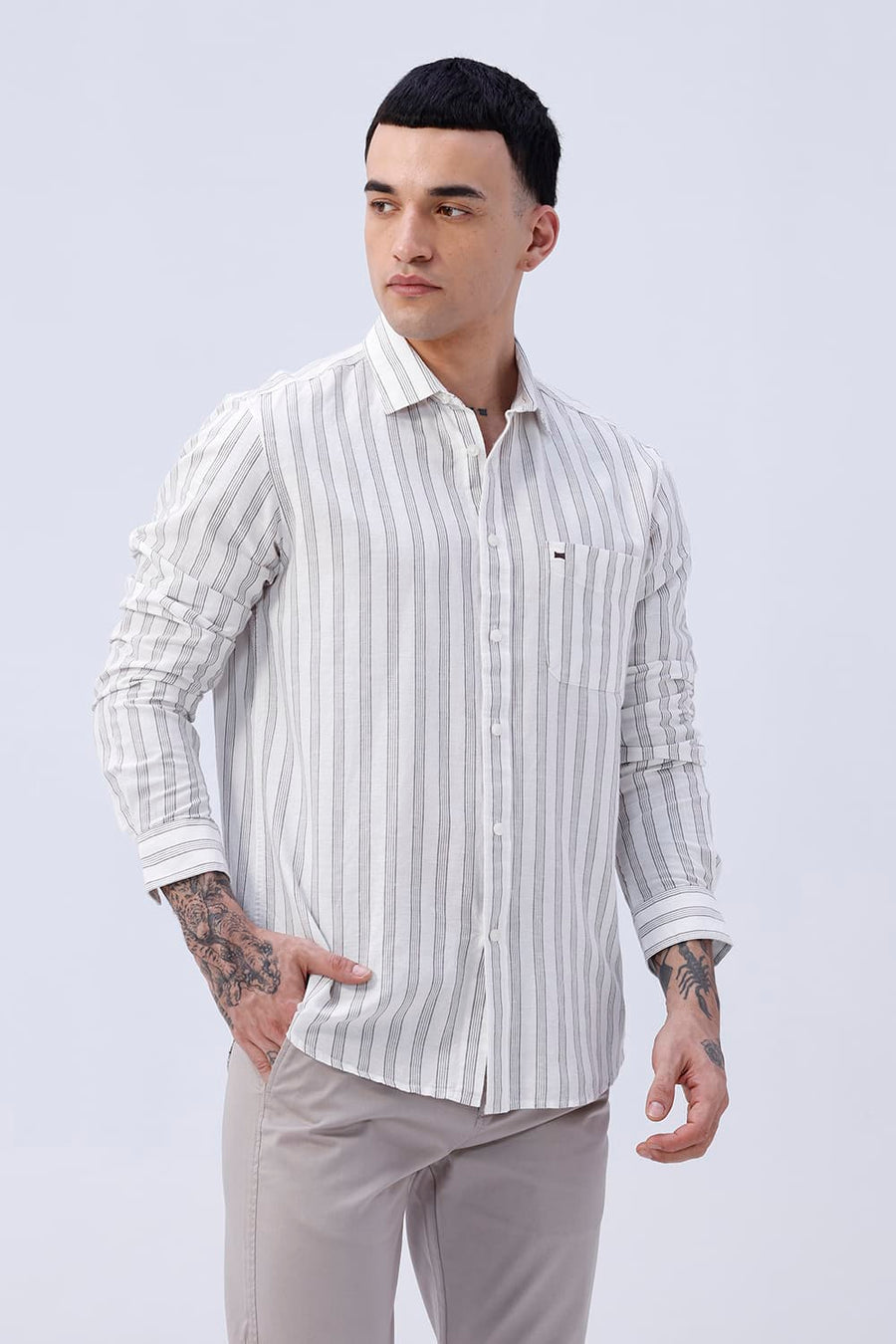 BASICS SLIM FIT KHAKI COTTON LINEN STRIPE SHIRT