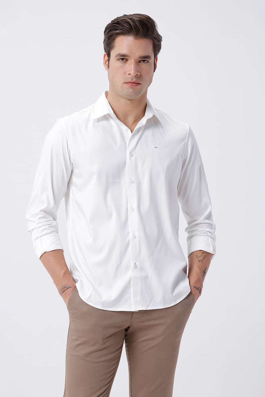 BASICS SLIM FIT WHITE POLYESTER STRETCH SHIRT