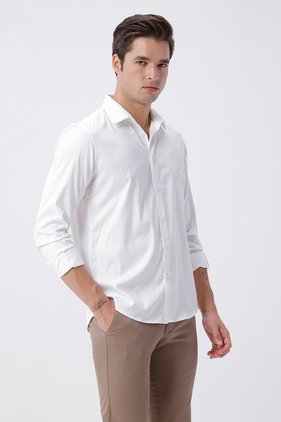 BASICS SLIM FIT WHITE POLYESTER STRETCH SHIRT