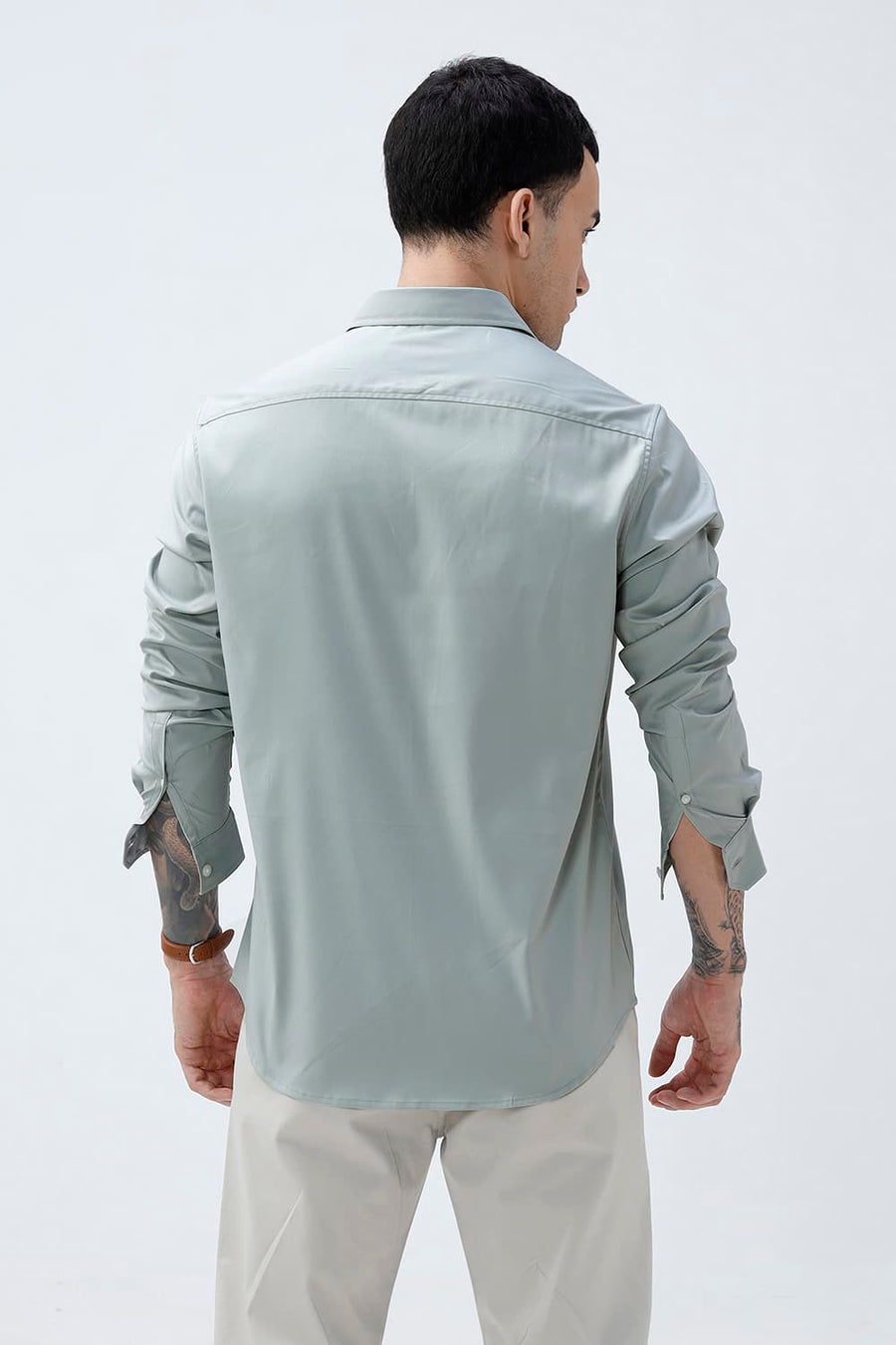 BASICS SLIM FIT BEIGE POLYESTER STRETCH SHIRT