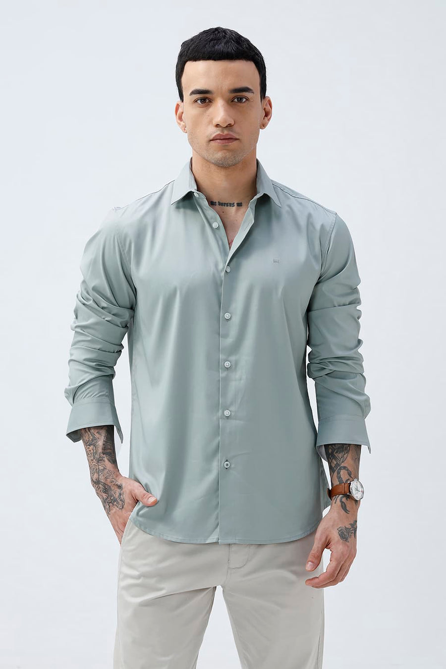 BASICS SLIM FIT BEIGE POLYESTER STRETCH SHIRT