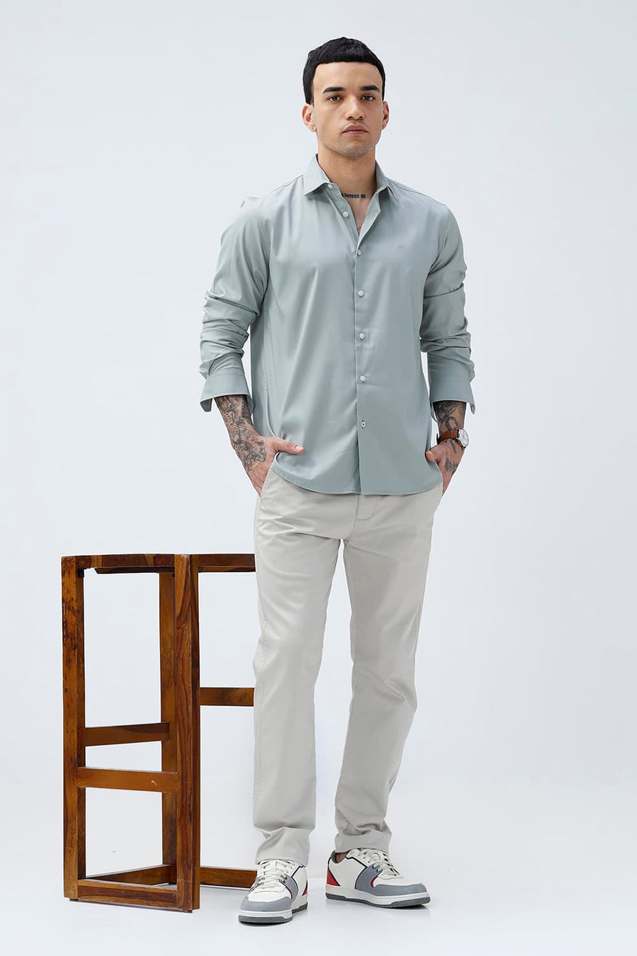 BASICS SLIM FIT BEIGE POLYESTER STRETCH SHIRT