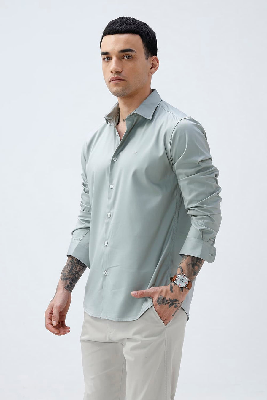 BASICS SLIM FIT BEIGE POLYESTER STRETCH SHIRT