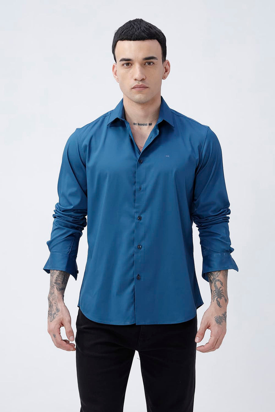 BASICS SLIM FIT BEIGE POLYESTER STRETCH SHIRT