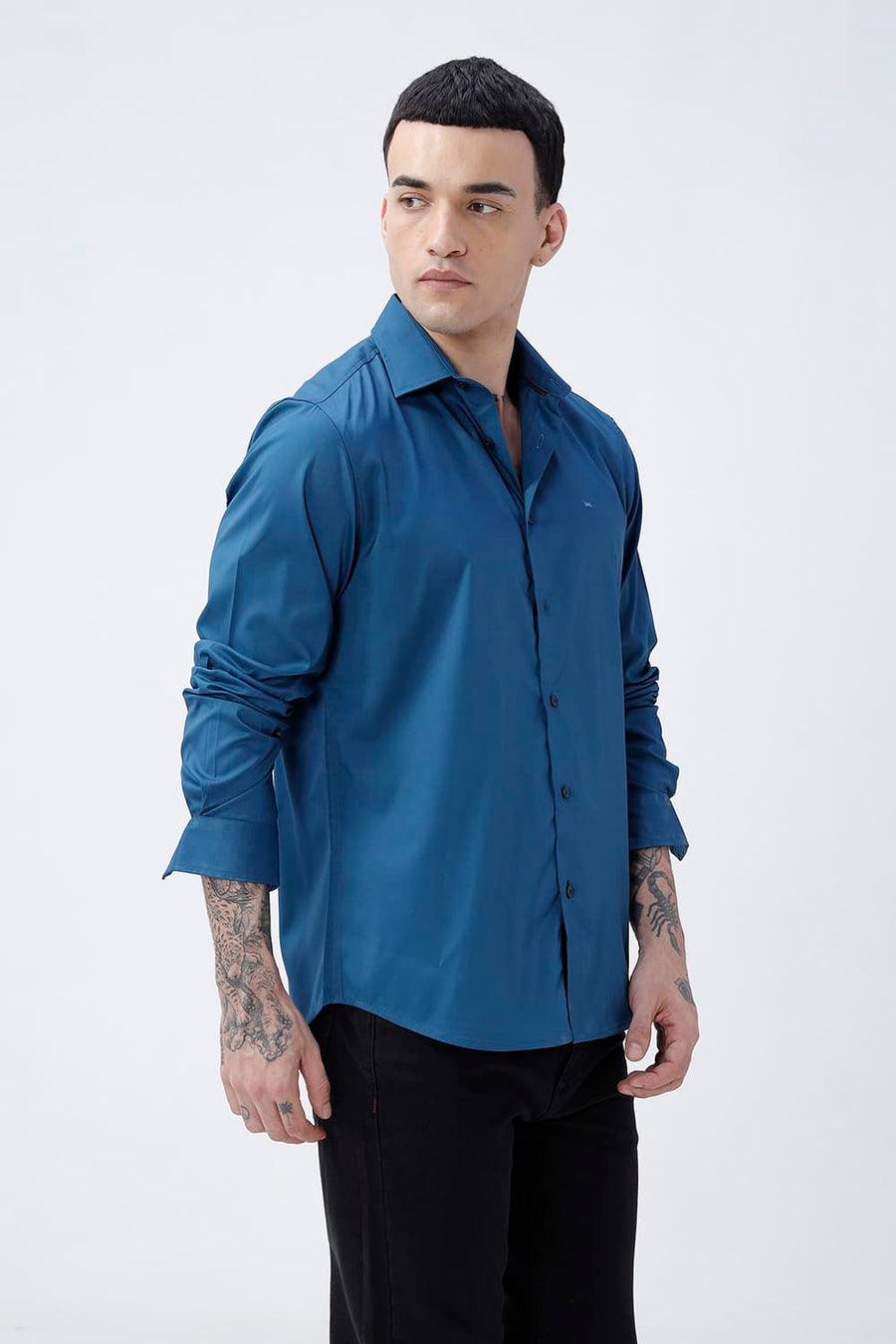 BASICS SLIM FIT BEIGE POLYESTER STRETCH SHIRT