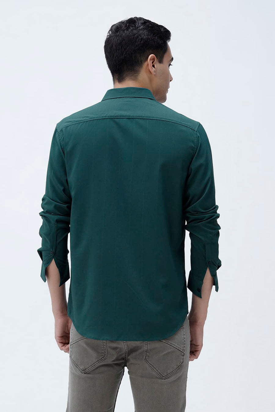 BASICS SLIM FIT BLACK VISCOSE POLYESTER STRETCH DOBBY STRIPE SHIRT