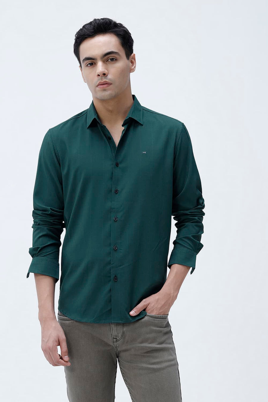 BASICS SLIM FIT BLACK VISCOSE POLYESTER STRETCH DOBBY STRIPE SHIRT
